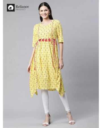 Yellow printed gathered kurti for women