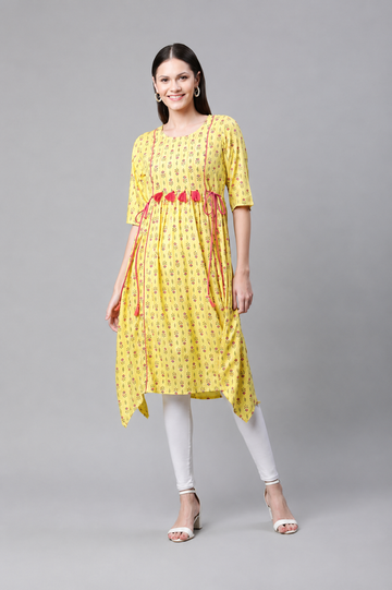 Yellow Printed Gathered Kurti for Women