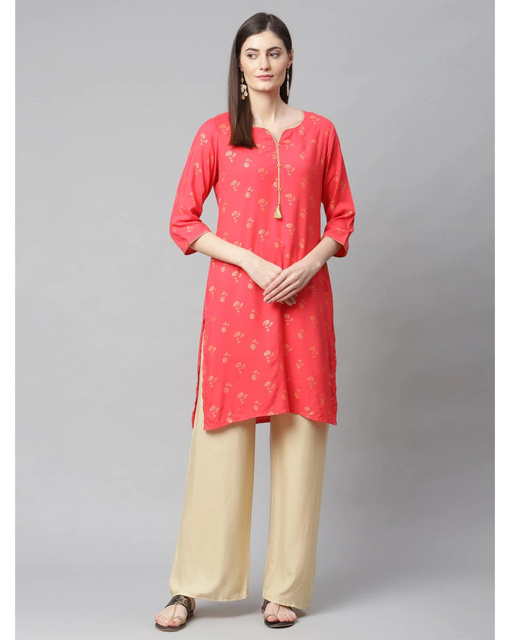 Coral pink printed straight kurti for women