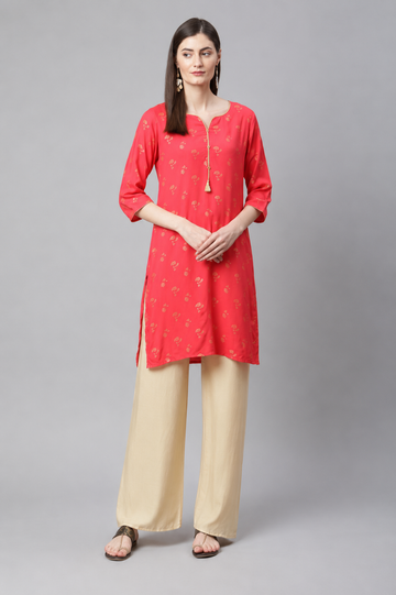 Coral Pink Printed Straight Kurti for Women