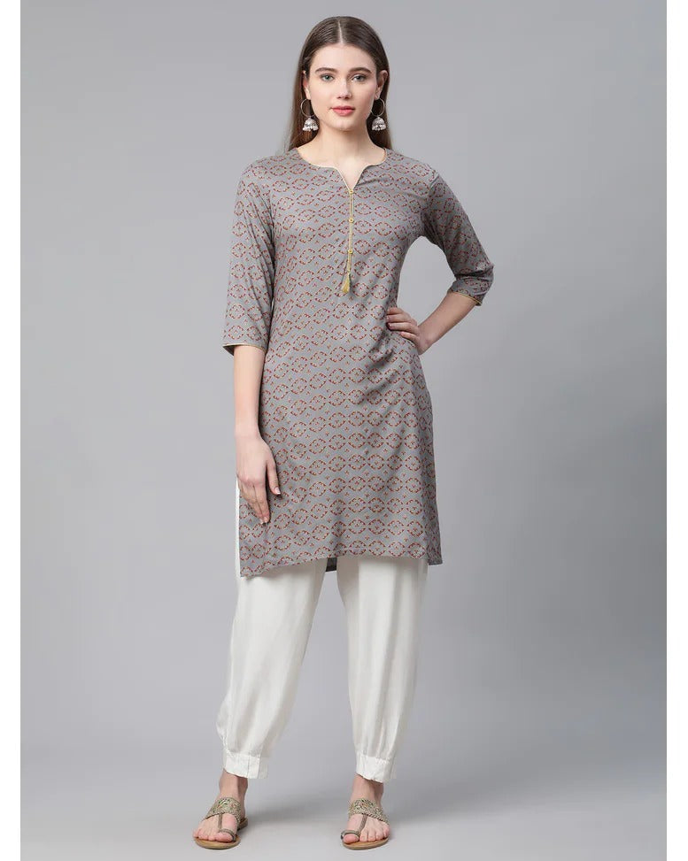 Grey printed straight kurti for women