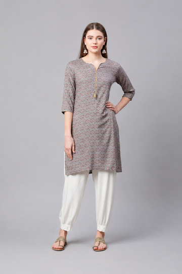 Elegant Grey Printed Straight Kurti for Women