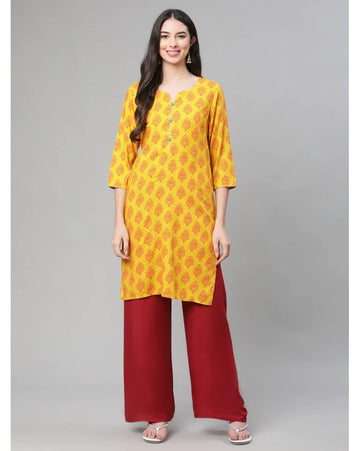 Bright yellow printed straight kurti for women