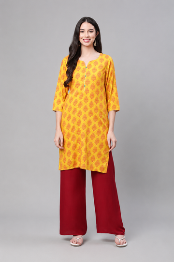 Bright Yellow Printed Straight Kurti for Women
