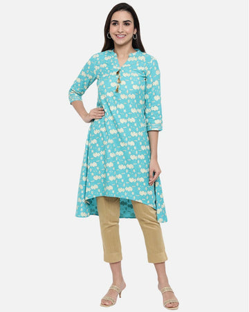 Sky blue printed high-low kurti for women