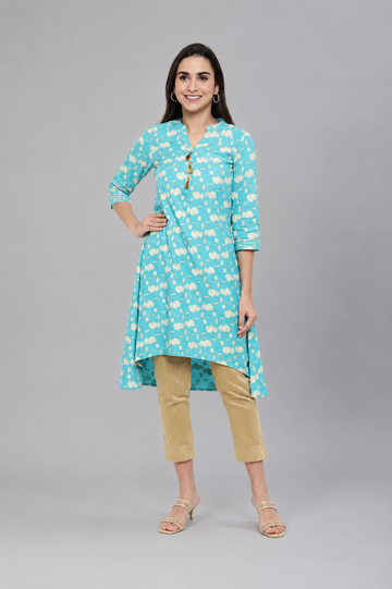 Sky Blue Printed High-Low Kurti for Women
