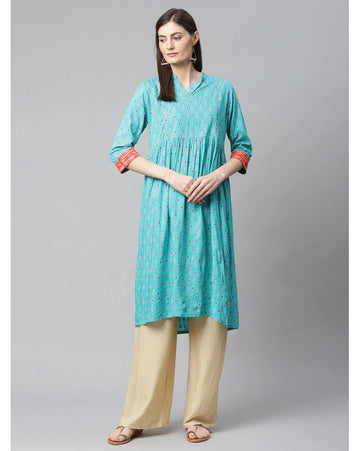 Turquoise printed gathered kurti for women