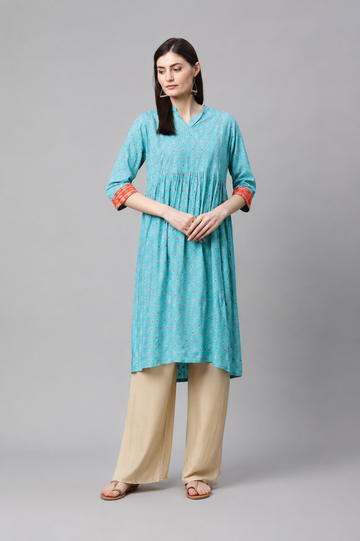 Turquoise Printed Gathered Kurti for Women