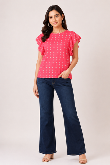 Women's Pink Printed Flutter Sleeve Top | Casual Everyday Top