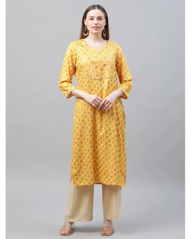 Mustard yellow printed kurti for women
