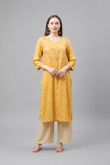 Mustard Yellow Printed Kurti for Women