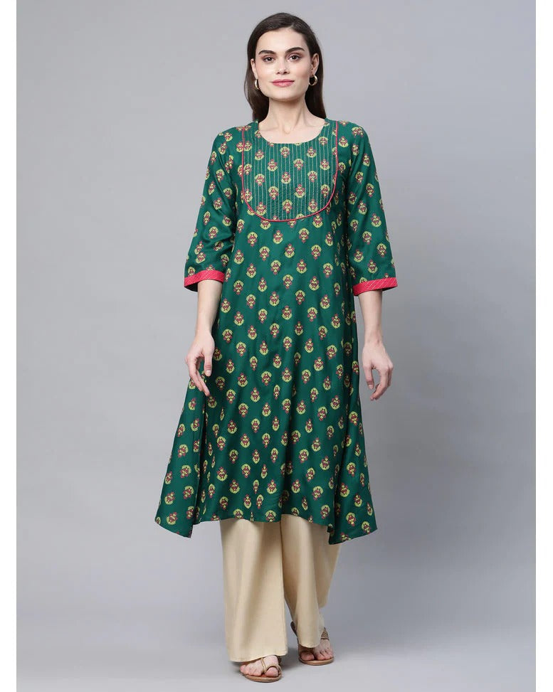 Emerald green printed kurti for women