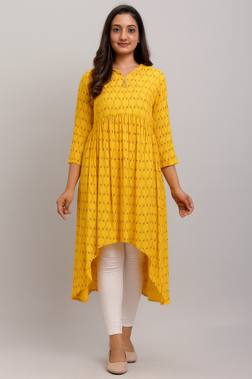 Mustard Yellow High-Low Gathered Women’s Kurti