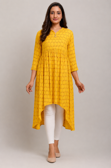 Mustard Yellow High-Low Gathered Women’s Kurti