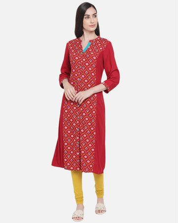 Red ethnic printed panel kurti for women