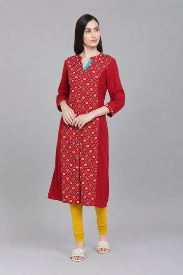 Red Ethnic Printed Panel Kurti for Women