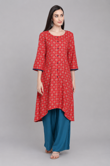 Red Ethnic Printed Asymmetrical Hem Kurti