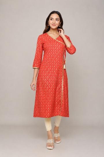Red Ethnic Printed Wrap-Style Kurti
