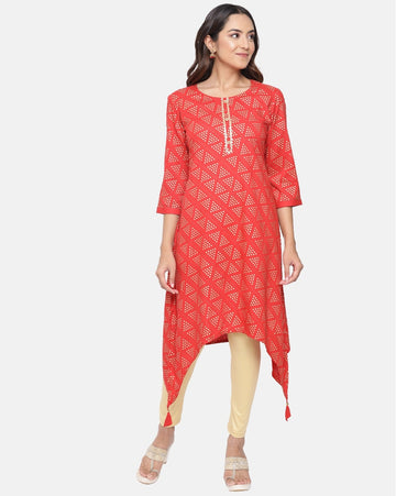Red Geometric Print Asymmetrical Hem kurtas
