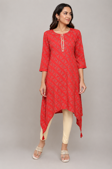 Red Geometric Print Asymmetrical Hem Kurti