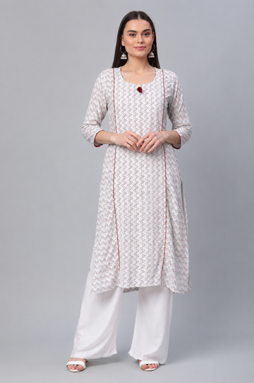 Off-White Printed Straight Kurti with Red Piping