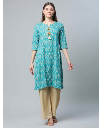 Teal blue printed straight kurti for women with tassel neck