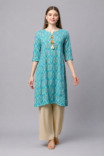 Teal Blue Printed Straight Kurti with Tassel Neck Detail