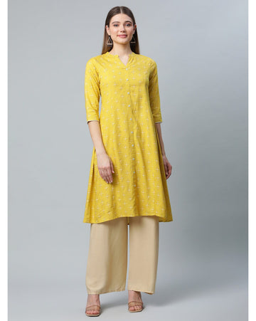 Mustard Yellow Printed Front-Button Kurti