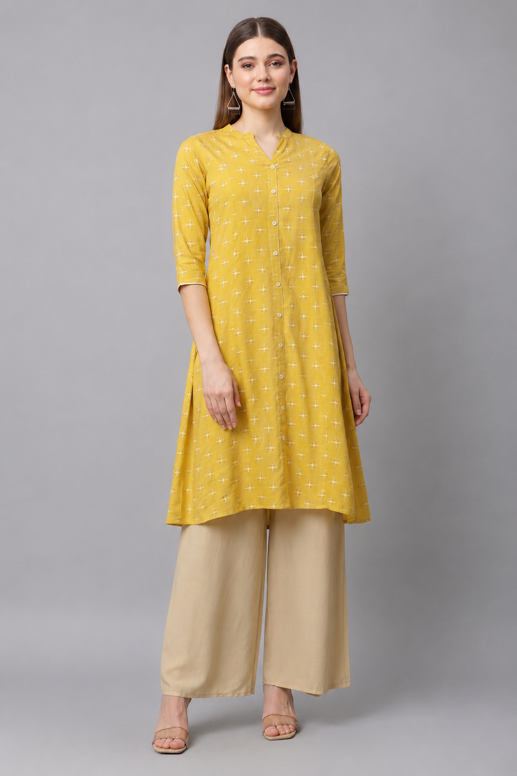Mustard yellow printed front-button kurti for women