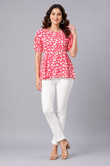 Women's Pink Floral Print Peplum Top | Casual Puff Sleeve Top