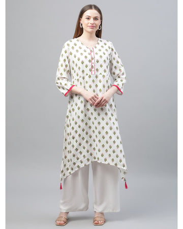 White floral printed asymmetrical kurti for women