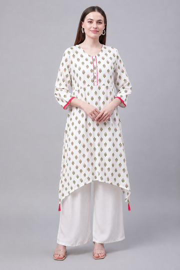 Elegant White Floral Printed Asymmetrical Kurti