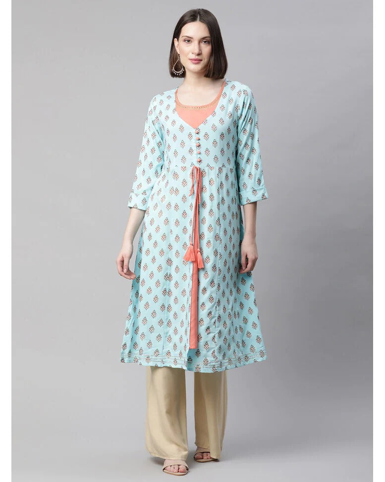 Sky blue printed kurti for women with peach detail