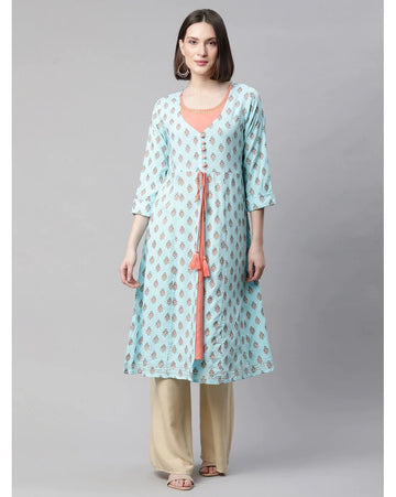 Sky blue printed kurti for women with peach detail