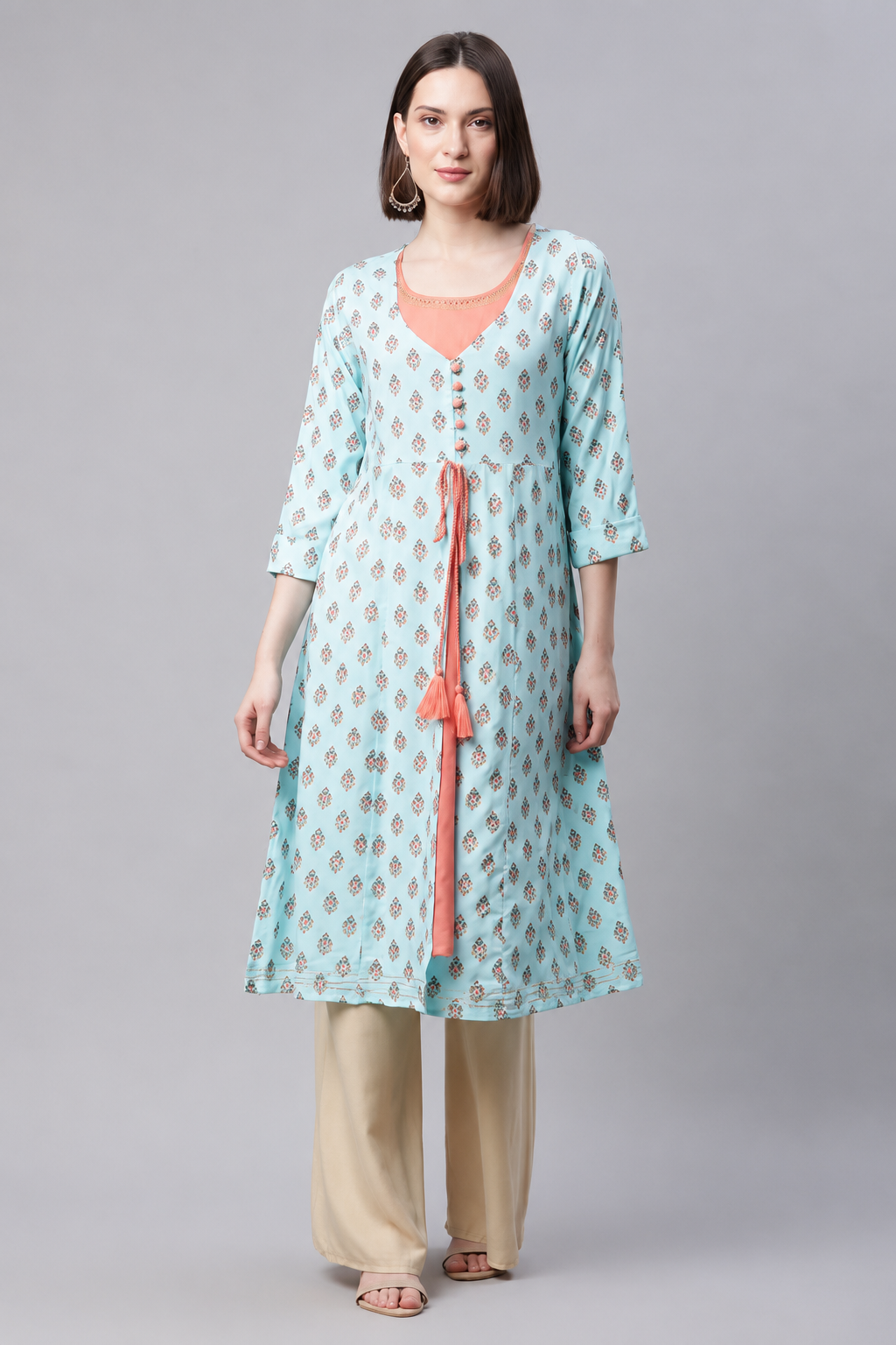 Sky blue printed kurti for women with peach contrast panel