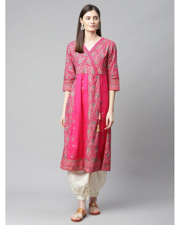 Pink floral printed wrap-style kurti for women