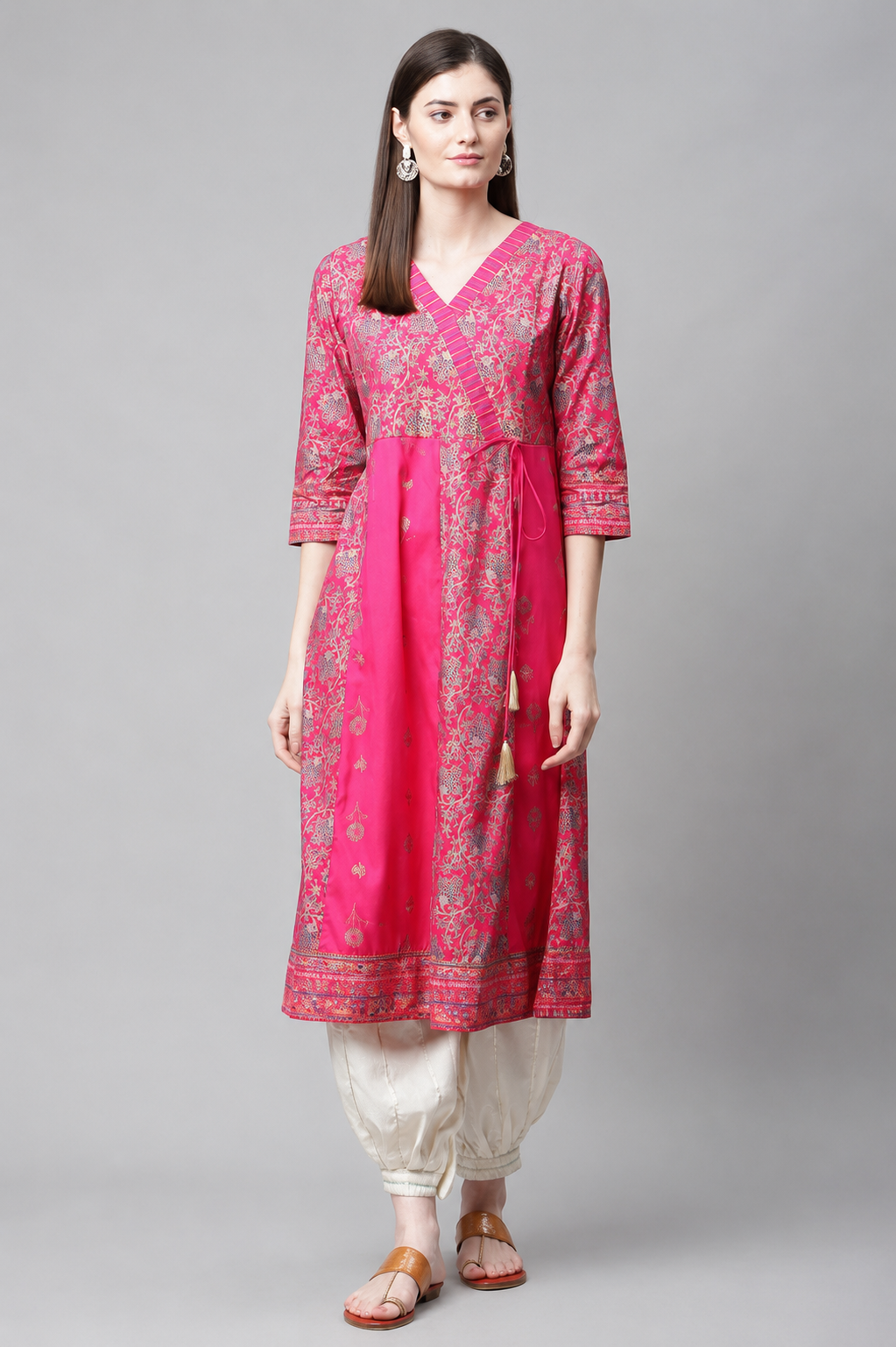 Pink floral printed wrap-style kurti for women