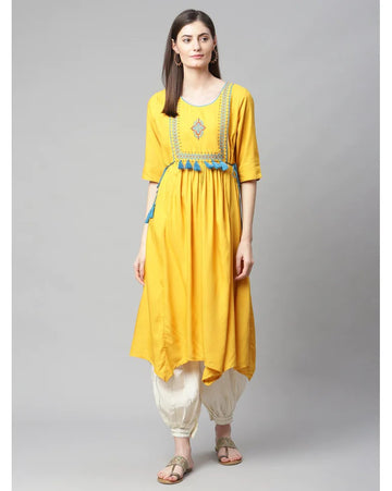 Sunshine yellow embroidered tassel kurti for women