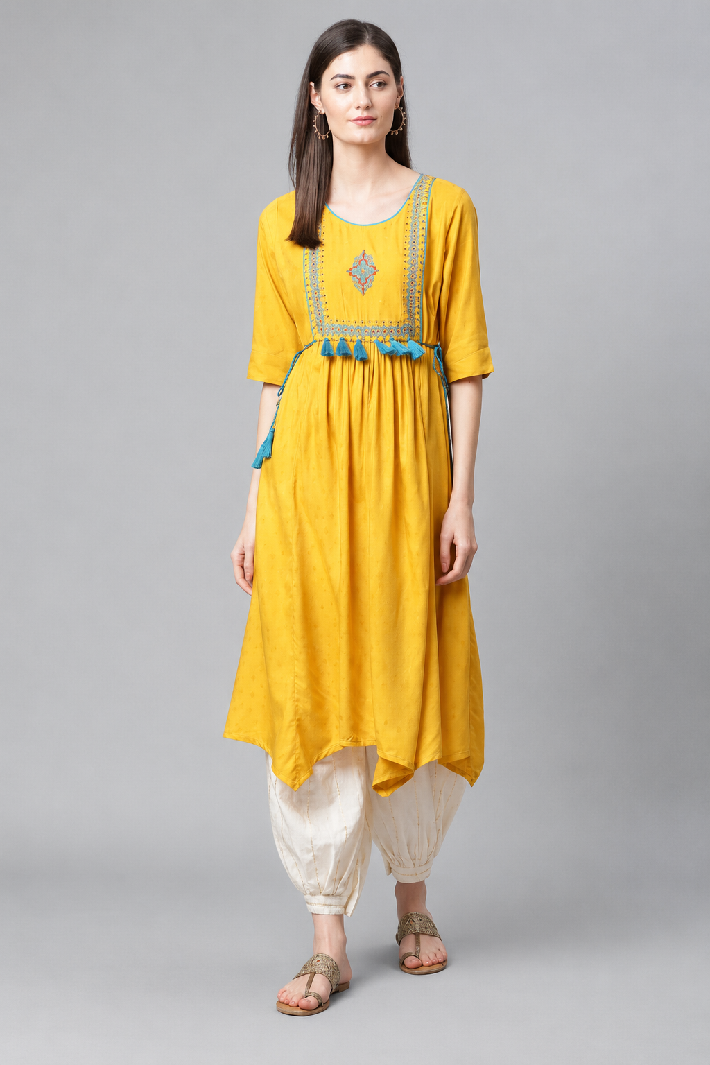Sunshine yellow embroidered tassel kurti for women