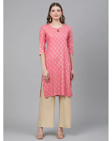 Women's Pink Gold Motif Straight Kurta with Palazzo Set