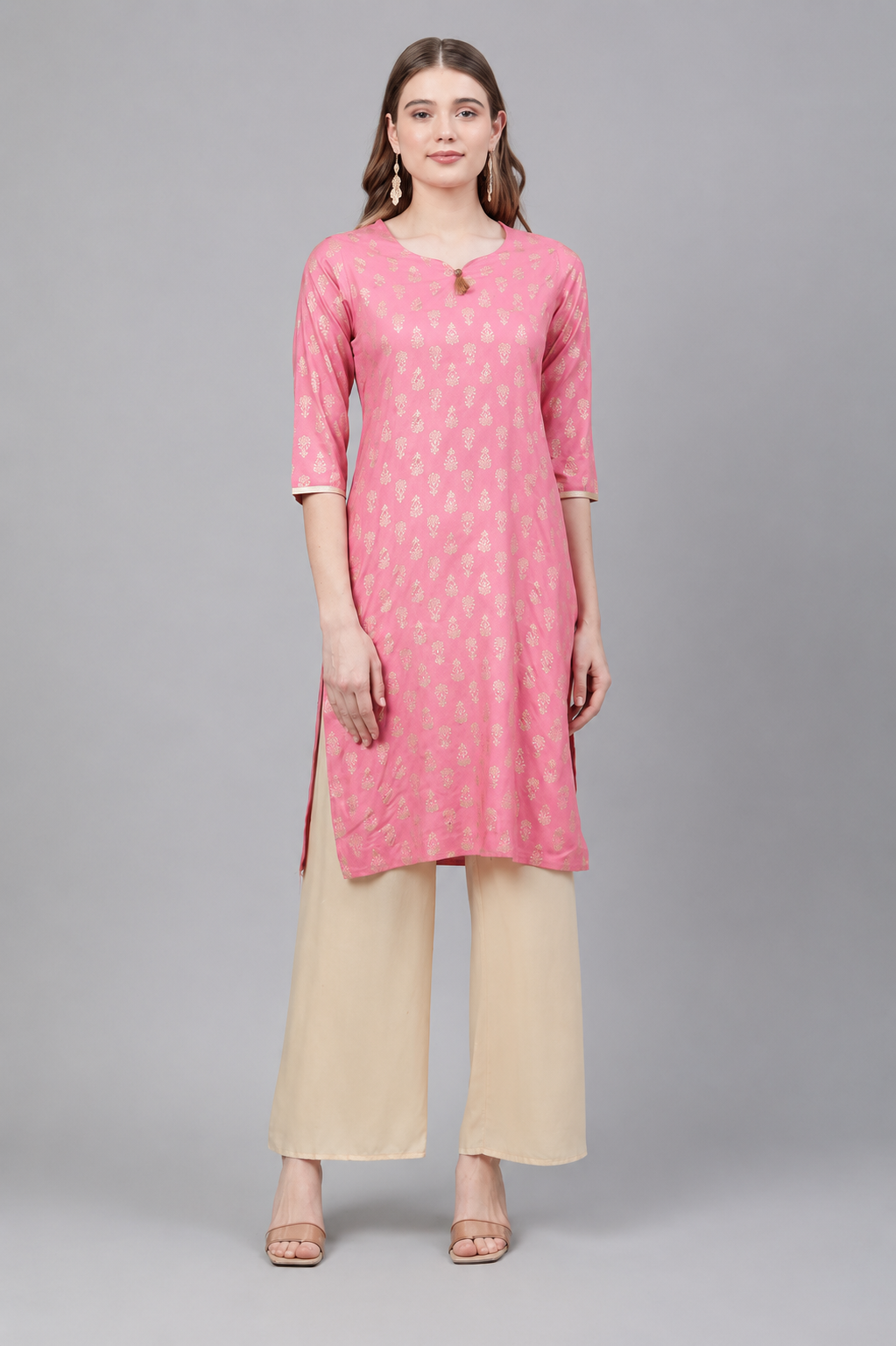 Women's pink gold motif straight kurta with palazzo set