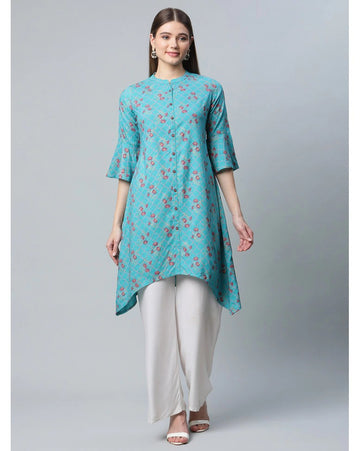Women's Aqua Blue Floral High-Low Kurta with Palazzo Set