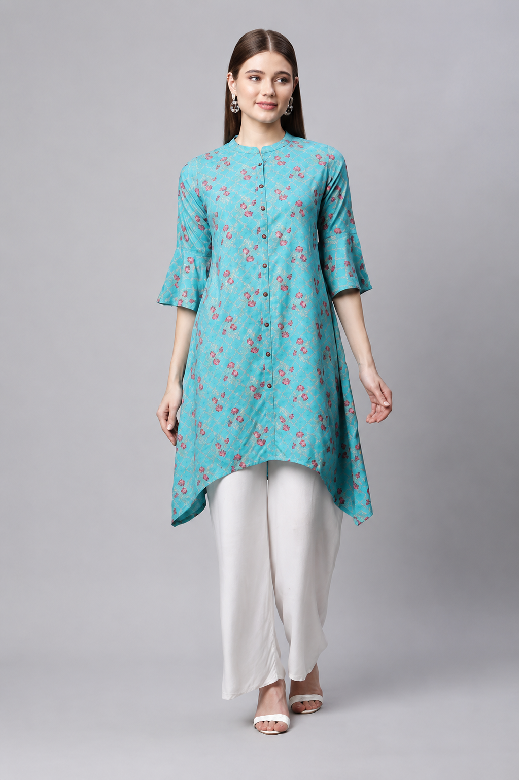 Women's aqua blue floral high-low kurta with palazzo set