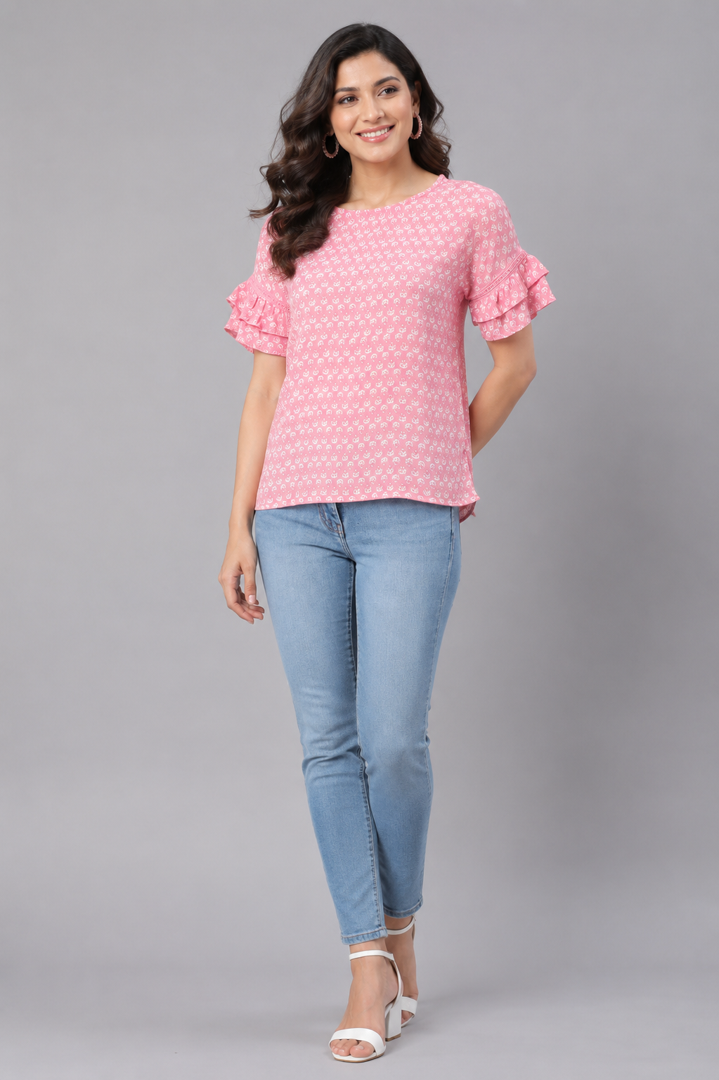 Women's pink floral ruffle sleeve casual top