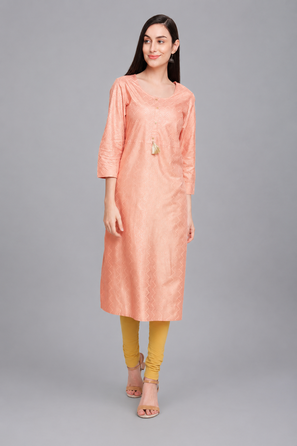 Women's peach gold zigzag print straight kurta