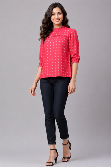 Women's Pink Ruffle Neck Printed Top | Casual Office Wear Top