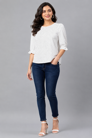 Women's White Polka Dot Puff Sleeve Top | Casual Office Wear Top
