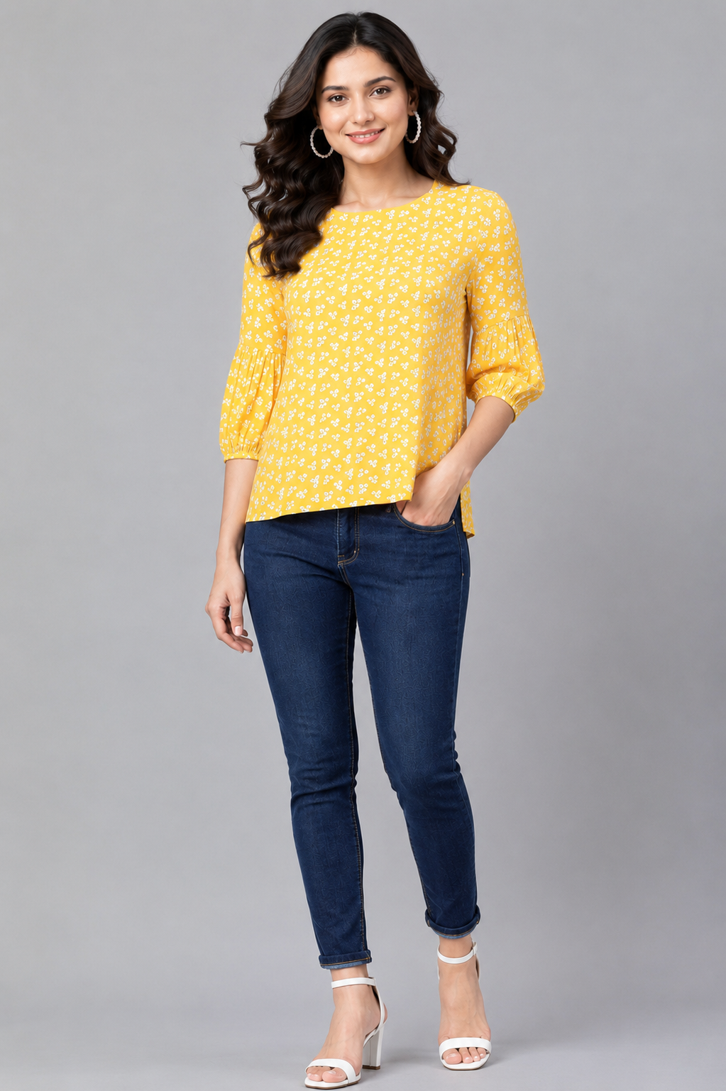 Women's mustard yellow floral print puff sleeve top