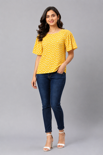 Women's Mustard Yellow Floral Print Gathered Sleeve Top | Casual Everyday Wear