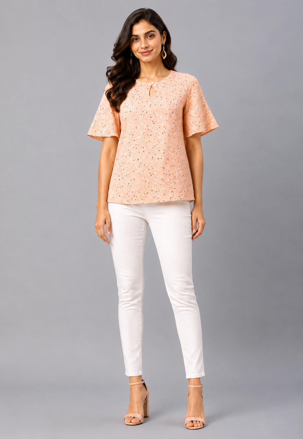 Women's peach floral print keyhole neck top